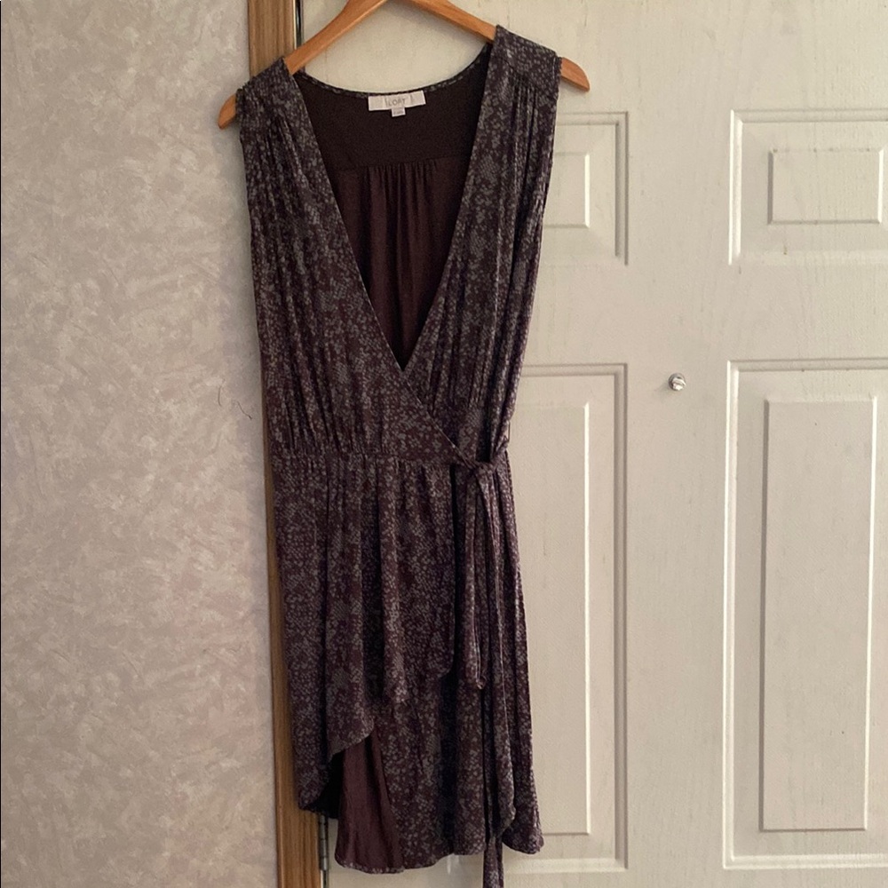 LOFT Gray and brown‎ Wrap Tie Front Sundress Plunge Neckline